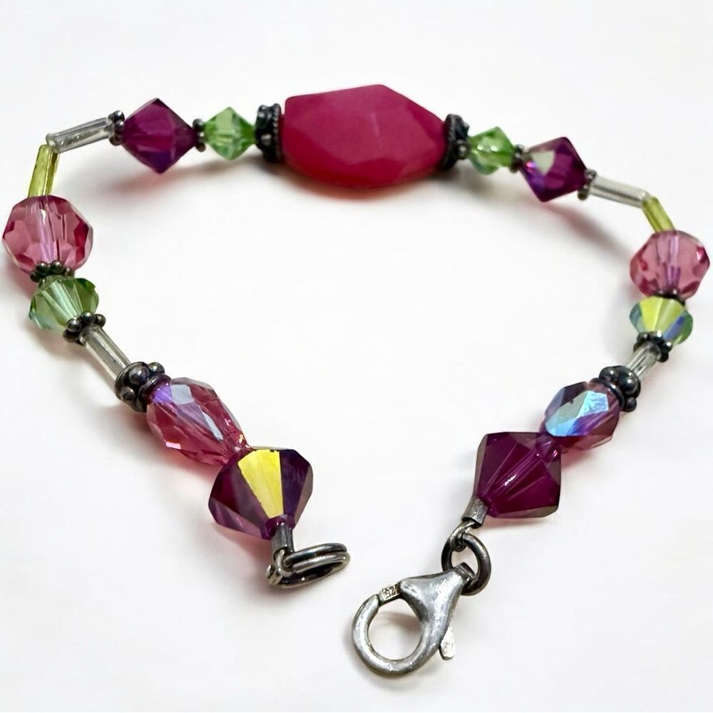 COLORFUL GEMSTONE & CRYSTAL BRACELET –STERLING SILVER CLASP – ARTISAN STYLE 7.5”